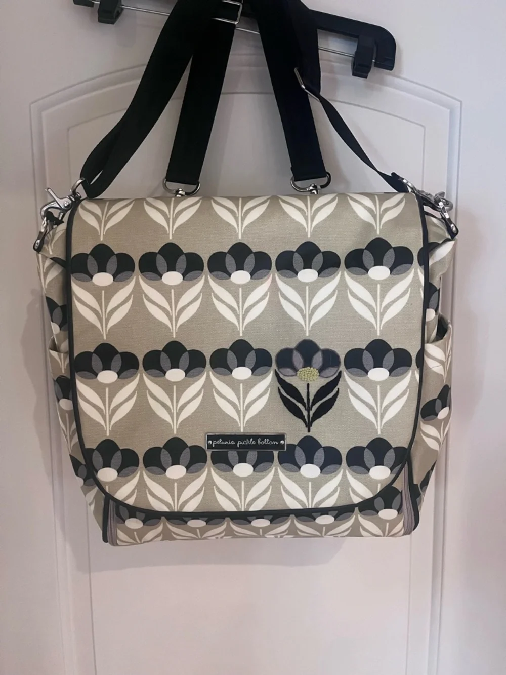 Petunia Pickle Bottom Gray Floral Messenger Bag with Black Accents